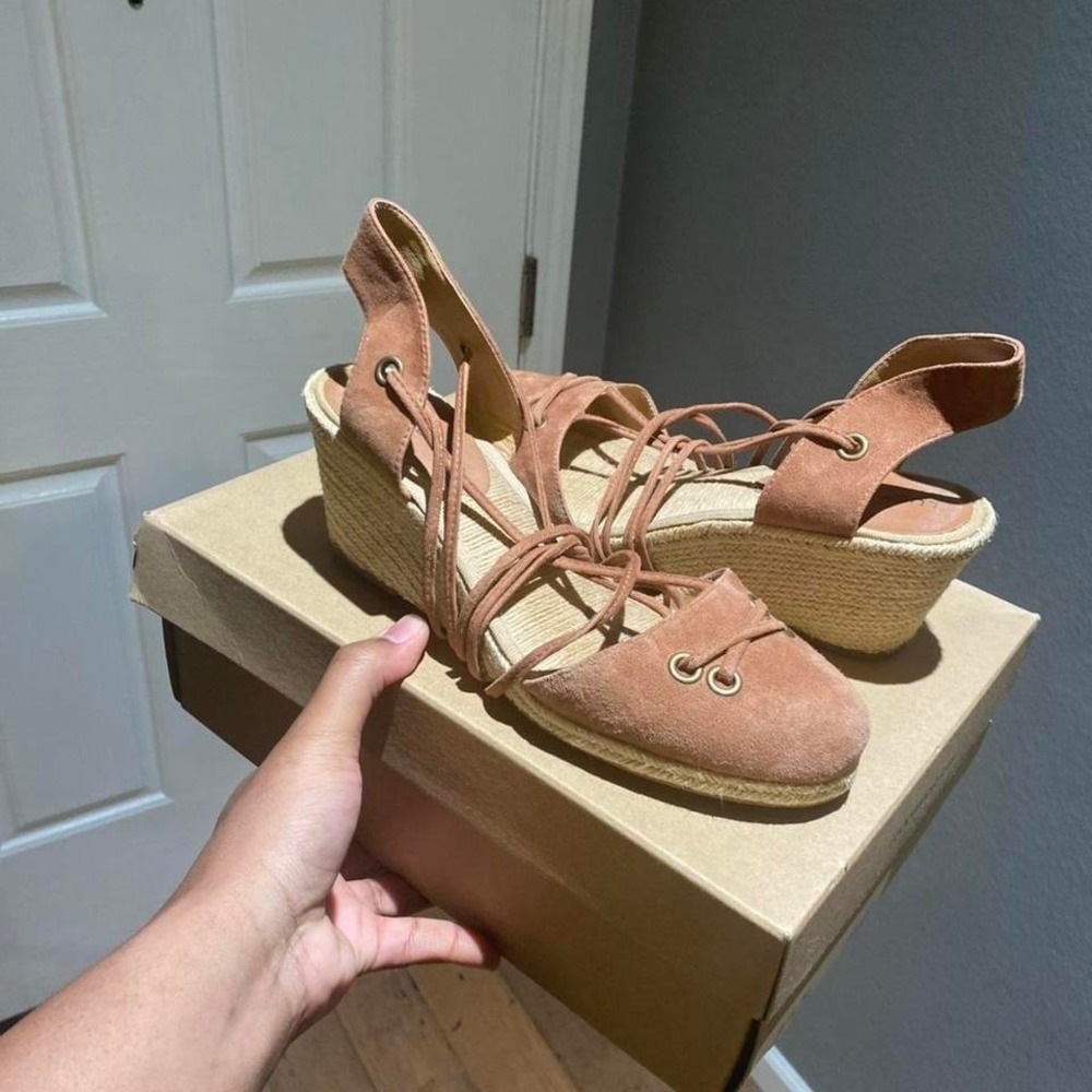 Lucky Brand tan suede lace up wedge sandals Size US 8.5